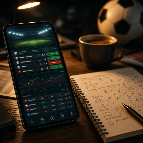 Escritorio con smartphone mostrando una interfaz de apuestas, una libreta con análisis manuscrito y un balón de fútbol al fondo