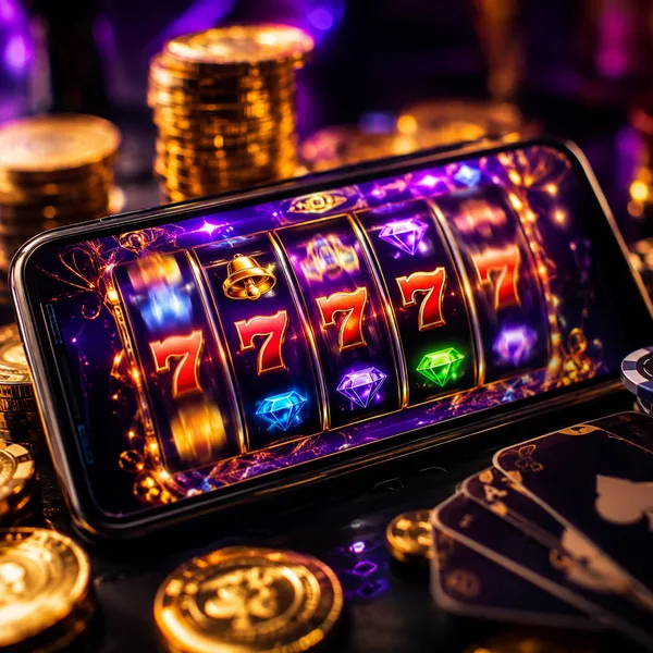 Pantalla de smartphone mostrando carretes de tragamonedas con sietes y gemas, monedas doradas y cartas